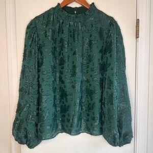 Mello Day Green Sheer Metallic Burnout Blouse Ruffle Mock Neck Long Sleeve Top
